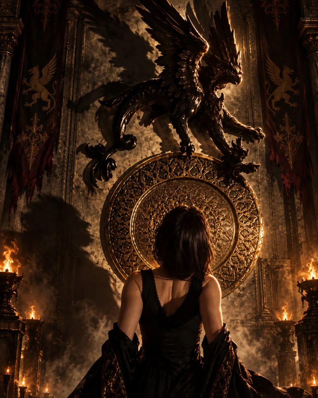 A woman seen from behind before a golden ornate disc, beneath a dark winged griffin